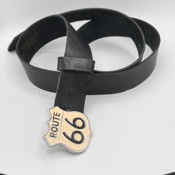 Vintage Black Leather Belt with Y2K Route 66 Enamel Buckle Fits 35–43” - Picture 4 of 4